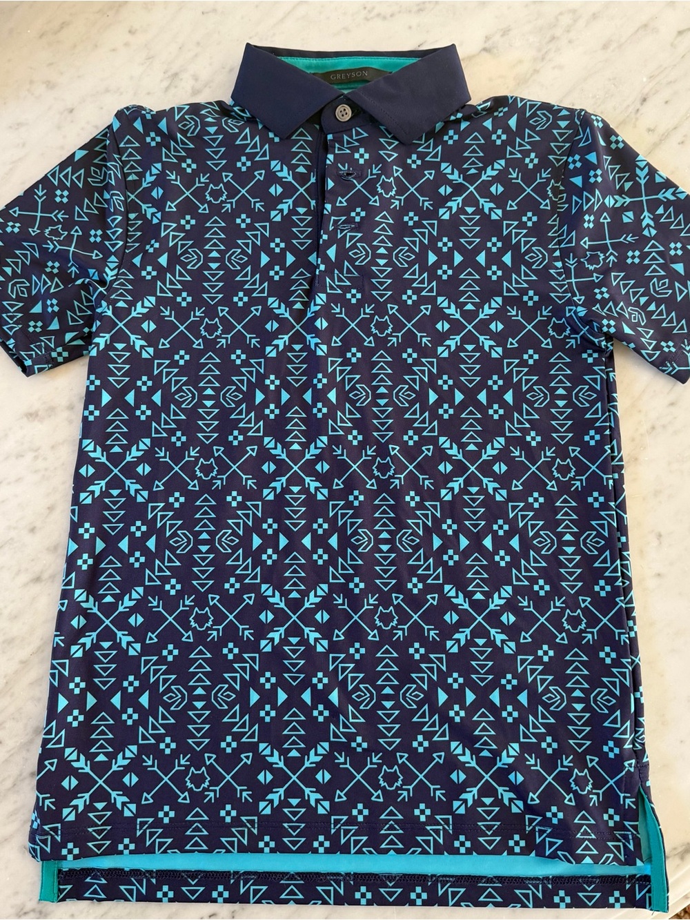 Youth Large Greyson Polo Shirt Navy/Turquoise Geometric Performance Golf Polo
